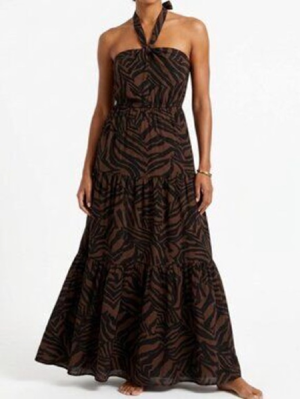 Zebra print linen blend maxi dress size XL black brown Nicole Miller halter